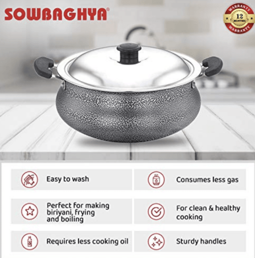 SOWBAGHYA Aluminium Biriyani Pot With Lid, 2 L (Black) Handi | Patila | Bhagona | Tapeli with LID | Multipurpose Aluminium Cooking Utensils for Kitchen | Dishwasher Safe - Image 5